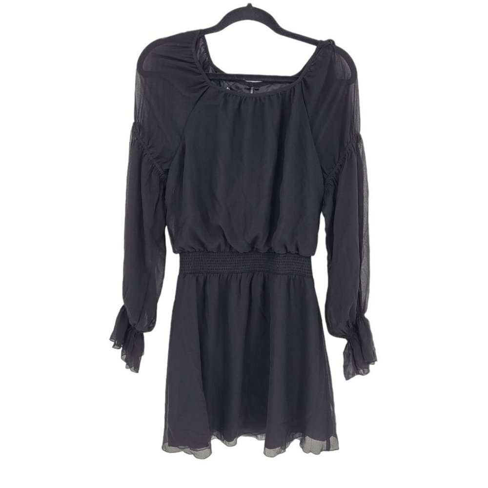 Bebe womens large Jet Black Poet woven Dress Boho sheer long sleeve NWT